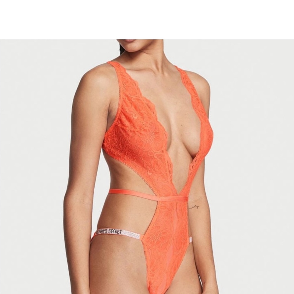 Victoria's Secret Orange Crotchless Teddy Shine Strap Medium